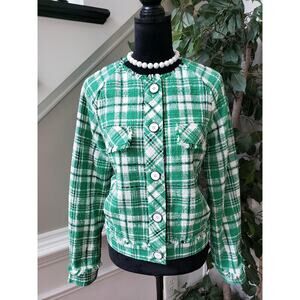 Cabi Library Jacket Womens Medium Green White Plaid Tweed Sophia Button Front
